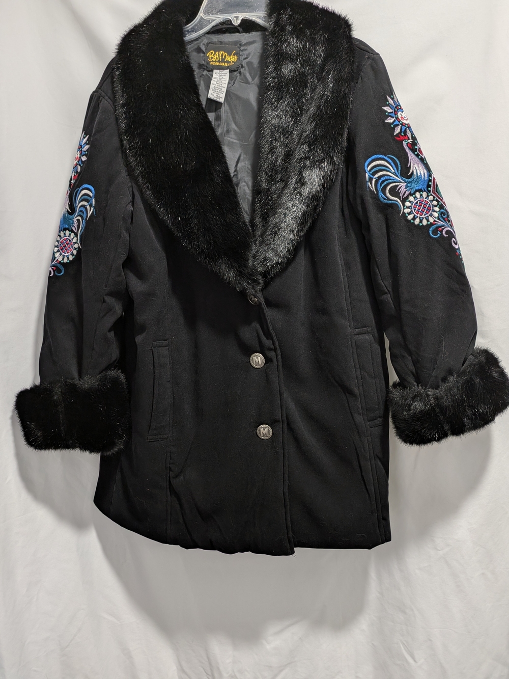 Bob Mackie Black Faux-Fur Trim Embroidered Sleeve Jacket